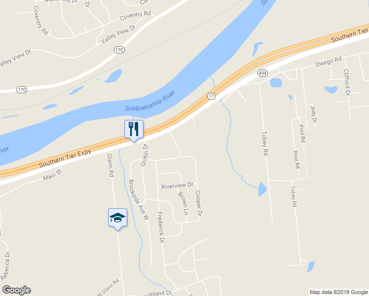 map of restaurants, bars, coffee shops, grocery stores, and more near 11 Tioga Boulevard in Apalachin