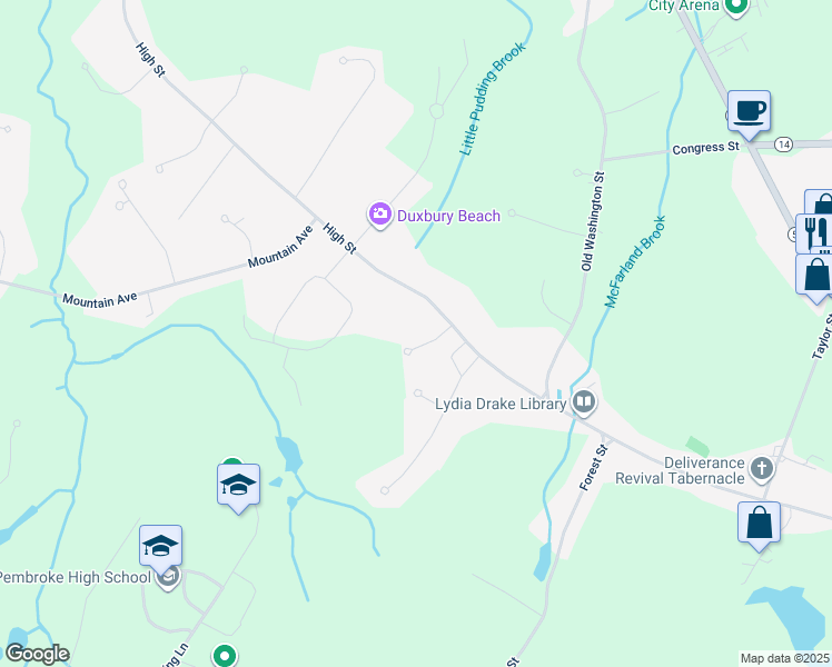 map of restaurants, bars, coffee shops, grocery stores, and more near 45 Pratt Farm Lane in Pembroke