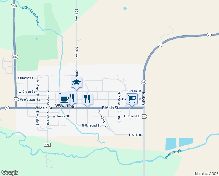 map of restaurants, bars, coffee shops, grocery stores, and more near 309 Green Street in Wyoming