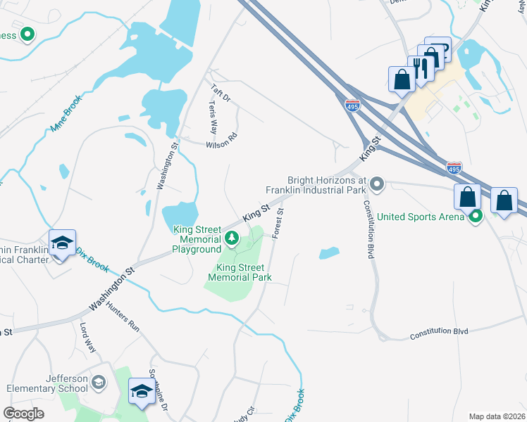 map of restaurants, bars, coffee shops, grocery stores, and more near 730 King Street in Franklin