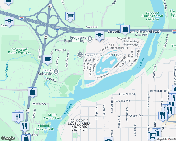 map of restaurants, bars, coffee shops, grocery stores, and more near 30 Lake Terrace Road in Elgin