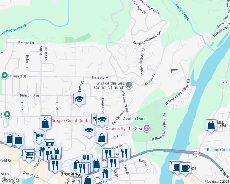 map of restaurants, bars, coffee shops, grocery stores, and more near 821 Old County Road in Brookings