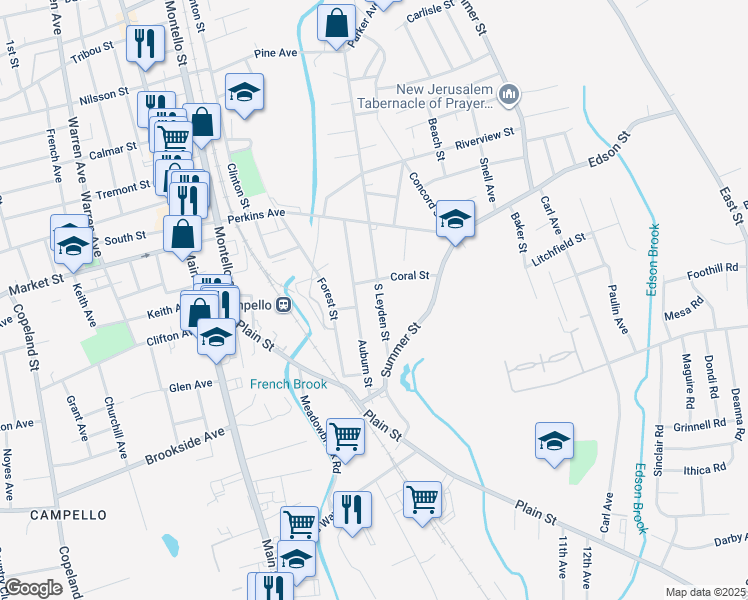 map of restaurants, bars, coffee shops, grocery stores, and more near 109 South Leyden Street in Brockton