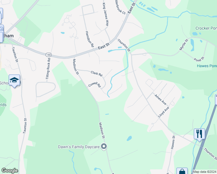 map of restaurants, bars, coffee shops, grocery stores, and more near 195 Clark Road in Wrentham