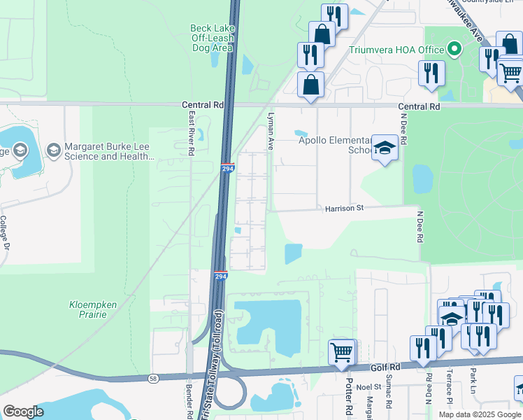 map of restaurants, bars, coffee shops, grocery stores, and more near 10014 Holly Lane in Des Plaines
