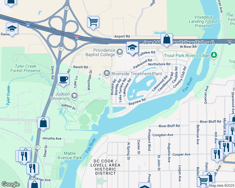 map of restaurants, bars, coffee shops, grocery stores, and more near 30 Lake Terrace Road in Elgin