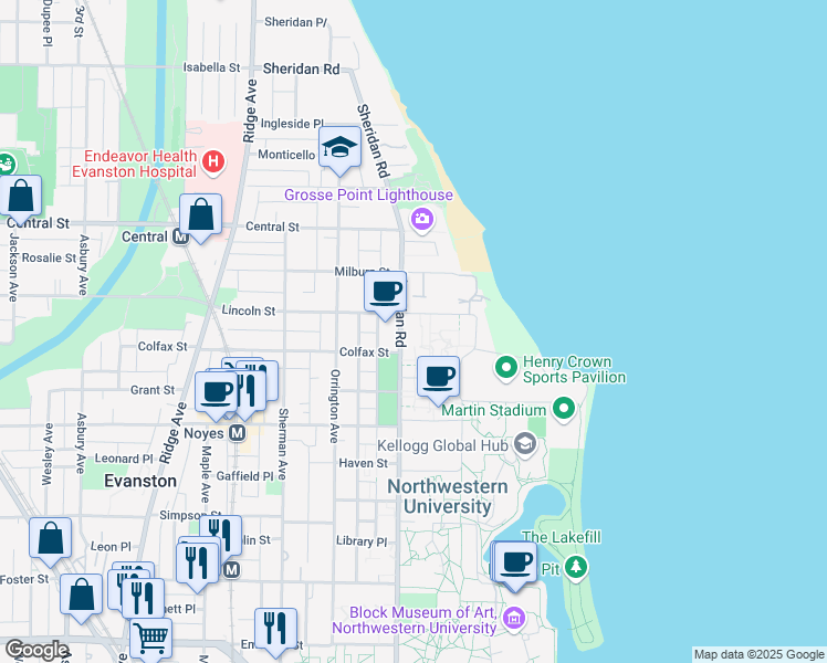 map of restaurants, bars, coffee shops, grocery stores, and more near 2407 Sheridan Road in Evanston