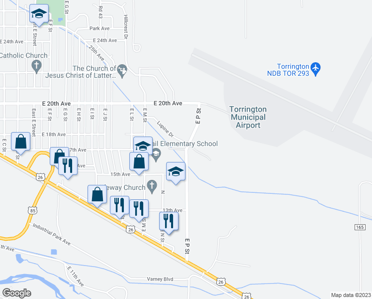 map of restaurants, bars, coffee shops, grocery stores, and more near E P St in Torrington
