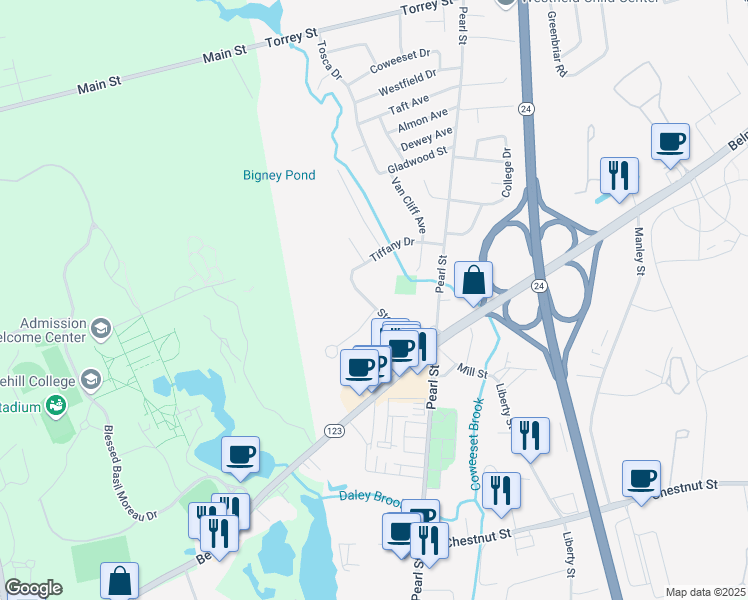 map of restaurants, bars, coffee shops, grocery stores, and more near 69 Stonehill Street in Brockton