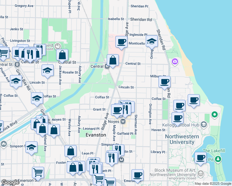 map of restaurants, bars, coffee shops, grocery stores, and more near 902 Lincoln Street in Evanston