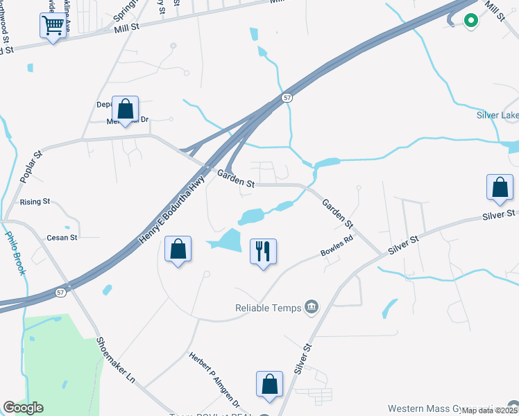 map of restaurants, bars, coffee shops, grocery stores, and more near 260 Garden Street in Agawam