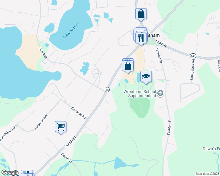map of restaurants, bars, coffee shops, grocery stores, and more near 300 South Street in Wrentham