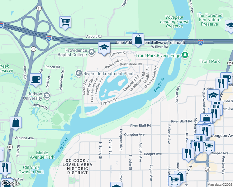 map of restaurants, bars, coffee shops, grocery stores, and more near 299 Little Peninsula Road in Elgin