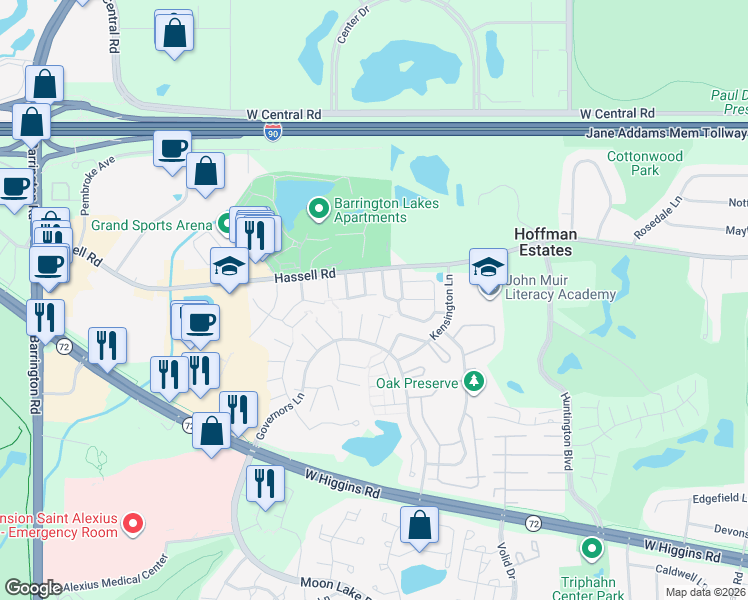 map of restaurants, bars, coffee shops, grocery stores, and more near 1989 Georgetown Lane in Hoffman Estates