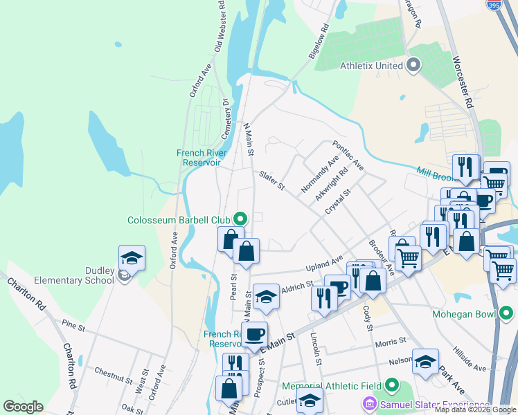 map of restaurants, bars, coffee shops, grocery stores, and more near 168 North Main Street in Webster