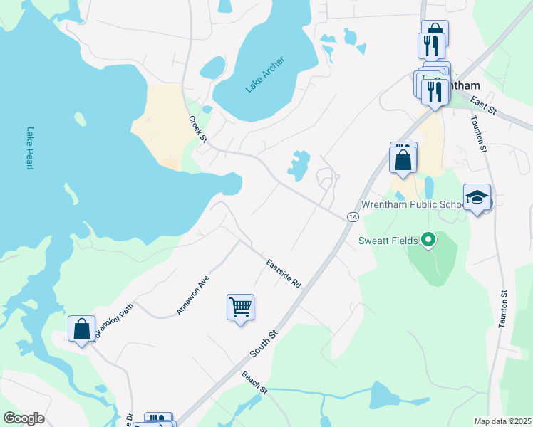 map of restaurants, bars, coffee shops, grocery stores, and more near 25 Robert Topham Drive in Wrentham