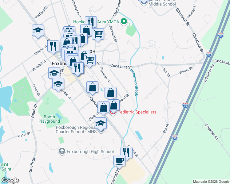 map of restaurants, bars, coffee shops, grocery stores, and more near 42 Sherman Street in Foxborough