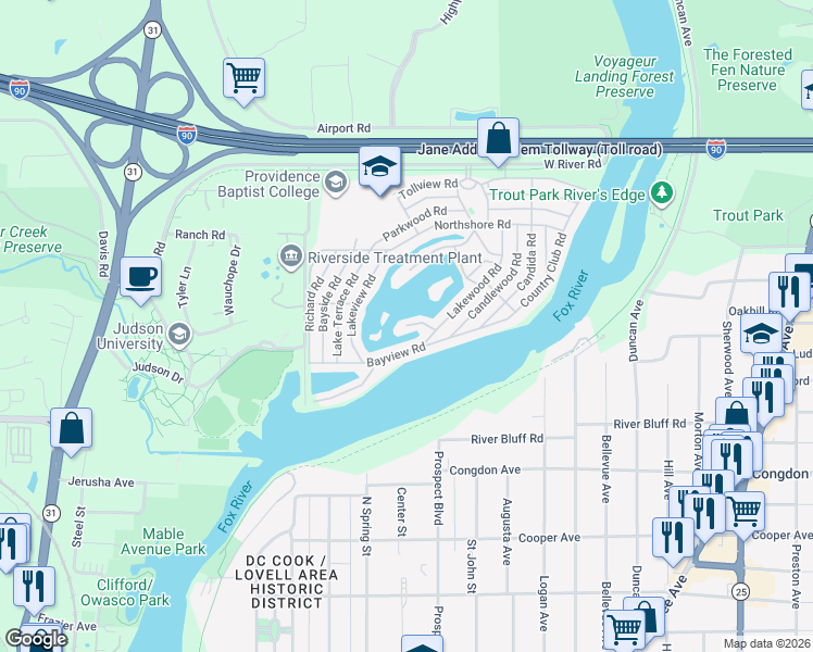 map of restaurants, bars, coffee shops, grocery stores, and more near 299 Little Peninsula Road in Elgin
