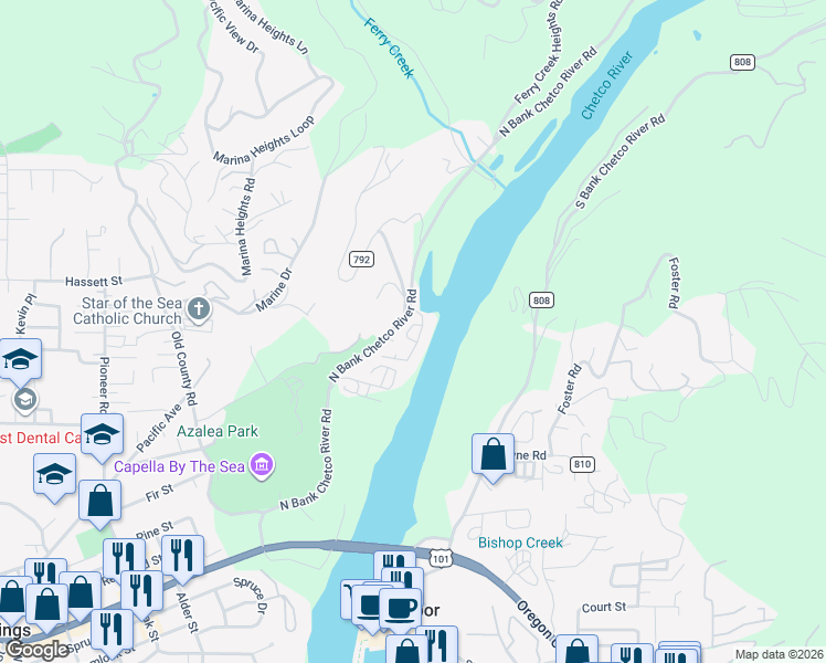 map of restaurants, bars, coffee shops, grocery stores, and more near 97748 North Bank Chetco River Road in Brookings