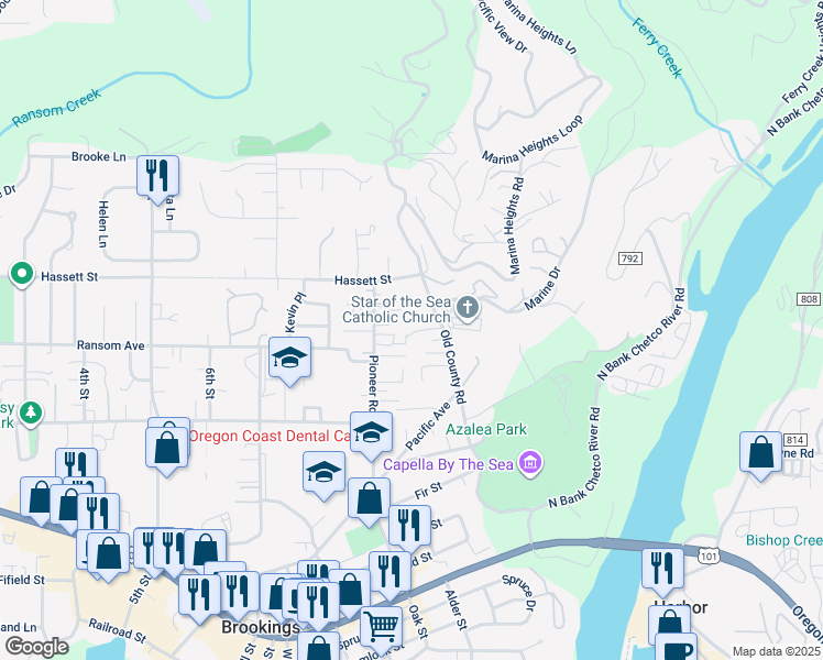 map of restaurants, bars, coffee shops, grocery stores, and more near 821 Old County Road in Brookings