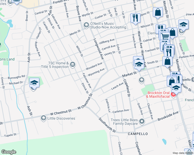map of restaurants, bars, coffee shops, grocery stores, and more near 245 West Chestnut Street in Brockton
