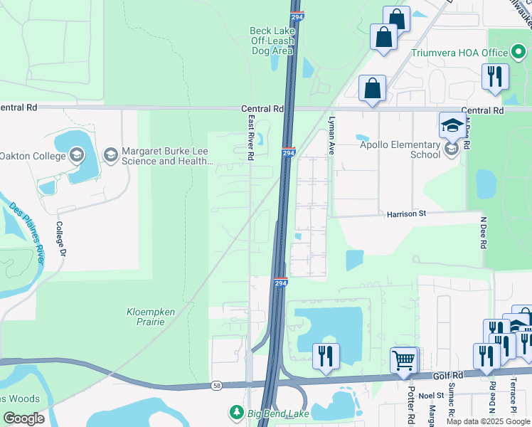 map of restaurants, bars, coffee shops, grocery stores, and more near 387 Oak Trails Road in Des Plaines