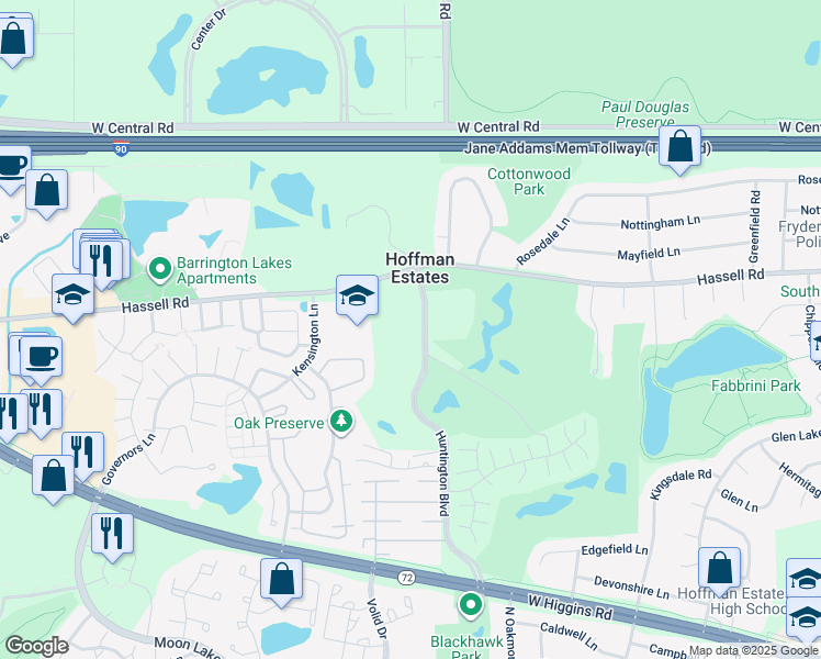 map of restaurants, bars, coffee shops, grocery stores, and more near 1944 Huntington Boulevard in Hoffman Estates