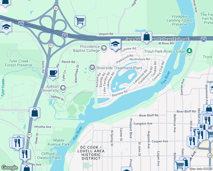 map of restaurants, bars, coffee shops, grocery stores, and more near 30 Lake Terrace Road in Elgin