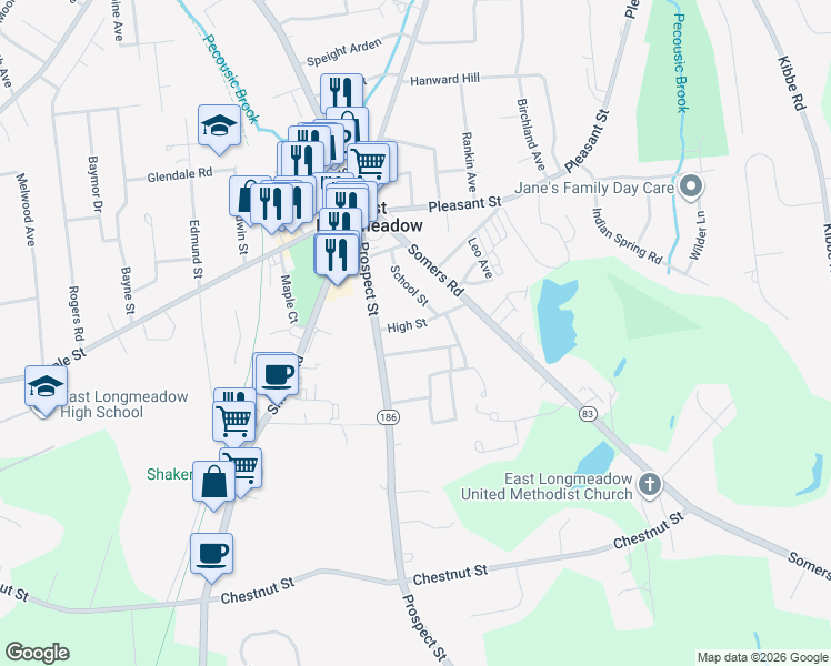 map of restaurants, bars, coffee shops, grocery stores, and more near 37 High Street in East Longmeadow
