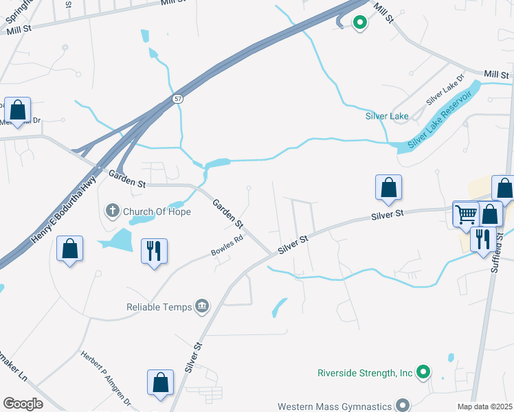 map of restaurants, bars, coffee shops, grocery stores, and more near 30 Logan Place in Agawam