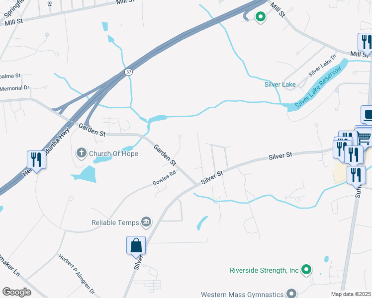 map of restaurants, bars, coffee shops, grocery stores, and more near 30 Logan Place in Agawam