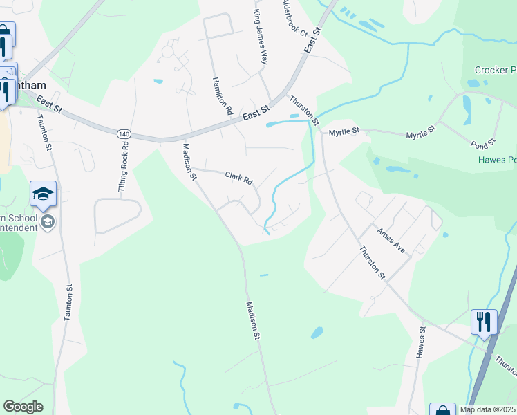 map of restaurants, bars, coffee shops, grocery stores, and more near 195 Clark Road in Wrentham