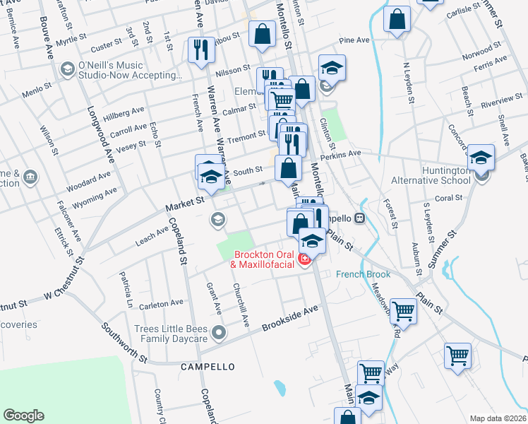 map of restaurants, bars, coffee shops, grocery stores, and more near 21 Berkley Street in Brockton