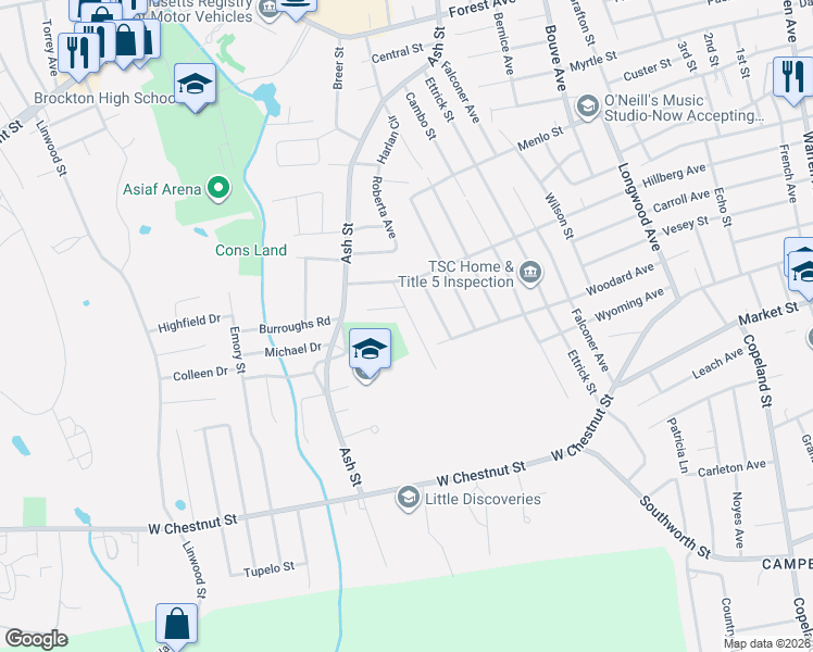 map of restaurants, bars, coffee shops, grocery stores, and more near 34 Cottage Grove Avenue in Brockton