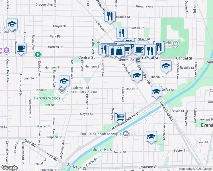map of restaurants, bars, coffee shops, grocery stores, and more near 2414 Hartrey Avenue in Evanston