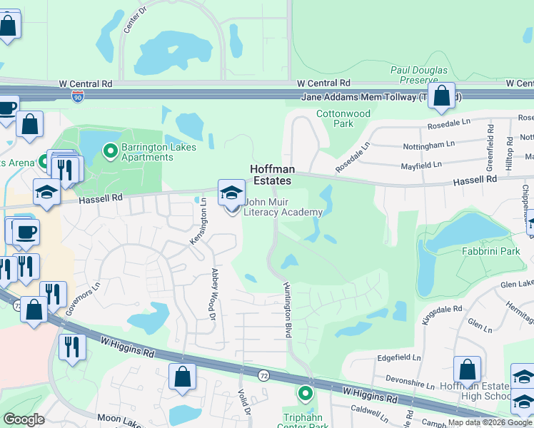 map of restaurants, bars, coffee shops, grocery stores, and more near 1944 Huntington Boulevard in Hoffman Estates