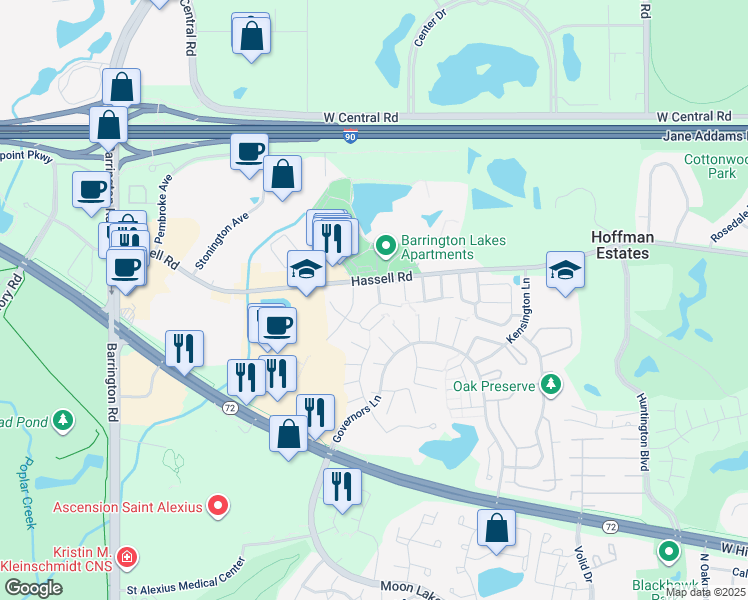 map of restaurants, bars, coffee shops, grocery stores, and more near 1989 Blackberry Lane in Hoffman Estates