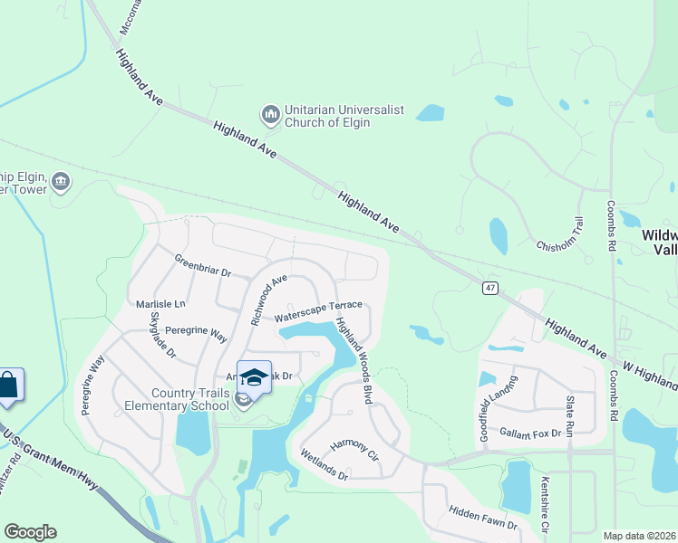 map of restaurants, bars, coffee shops, grocery stores, and more near 3614 Waterscape Terrace in Elgin