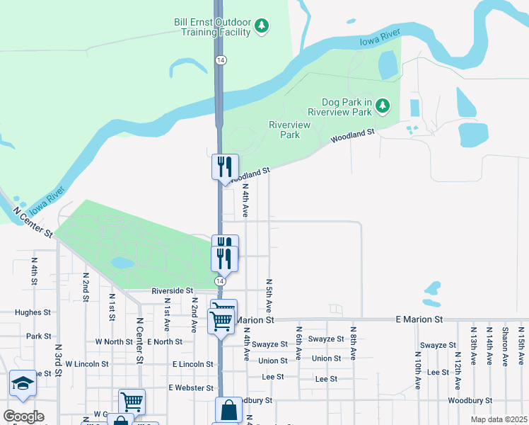 map of restaurants, bars, coffee shops, grocery stores, and more near 906 North 5th Avenue in Marshalltown