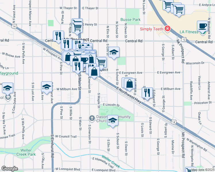 map of restaurants, bars, coffee shops, grocery stores, and more near 607 East Prospect Avenue in Mount Prospect