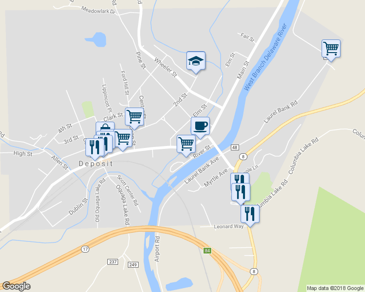 map of restaurants, bars, coffee shops, grocery stores, and more near 215 Front Street in Deposit