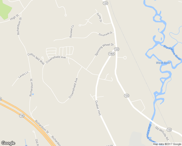 map of restaurants, bars, coffee shops, grocery stores, and more near 23 Crownshield Avenue in Uxbridge
