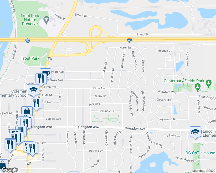 map of restaurants, bars, coffee shops, grocery stores, and more near 924 Elma Avenue in Elgin