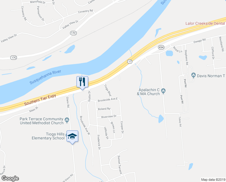 map of restaurants, bars, coffee shops, grocery stores, and more near 9 Tioga Boulevard in Apalachin