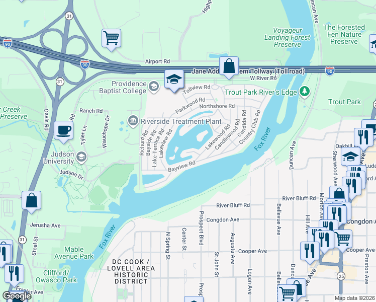 map of restaurants, bars, coffee shops, grocery stores, and more near 299 Little Peninsula Road in Elgin