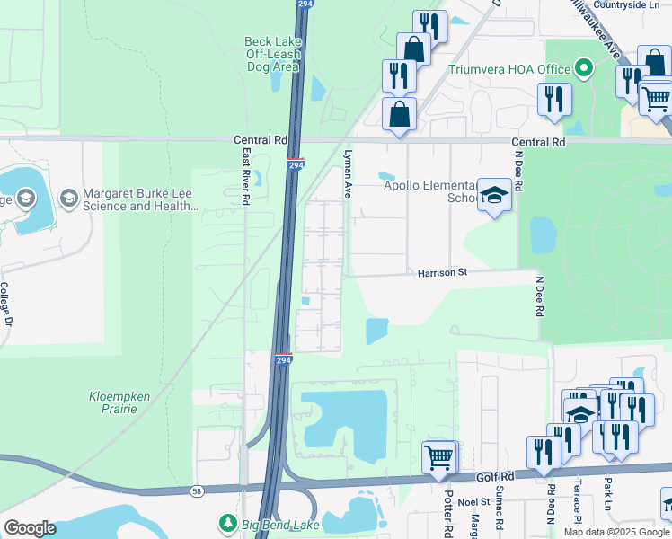map of restaurants, bars, coffee shops, grocery stores, and more near 10016 Holly Lane in Des Plaines
