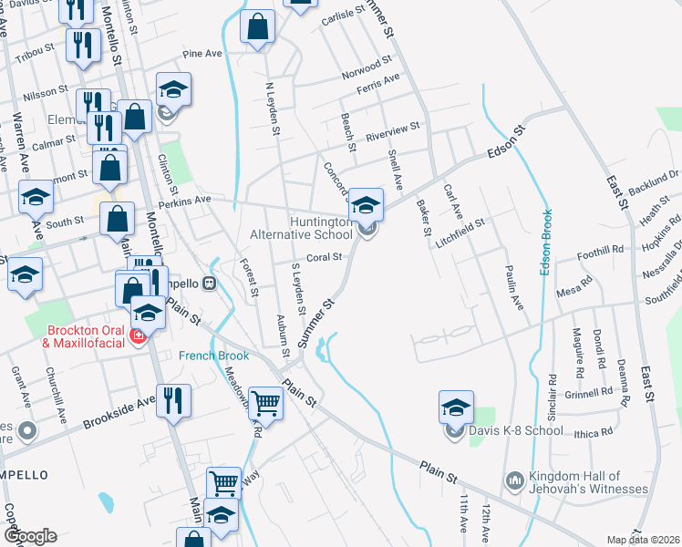 map of restaurants, bars, coffee shops, grocery stores, and more near 55 Coral Street in Brockton
