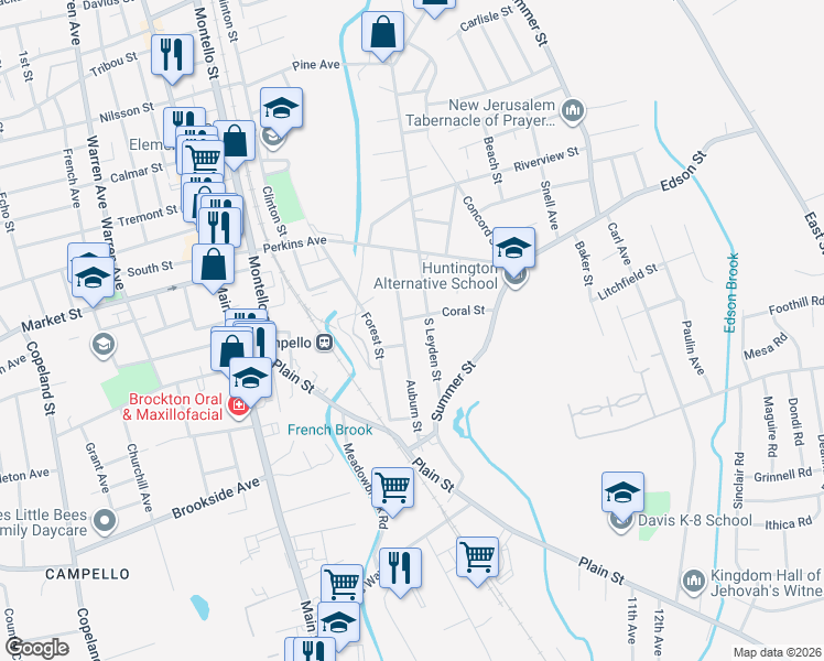 map of restaurants, bars, coffee shops, grocery stores, and more near 109 South Leyden Street in Brockton