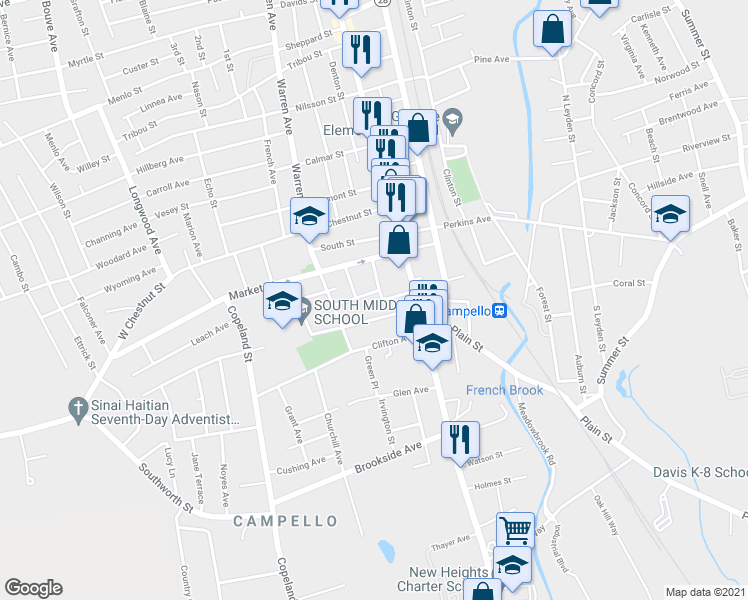 map of restaurants, bars, coffee shops, grocery stores, and more near 27 Lyon Avenue in Brockton
