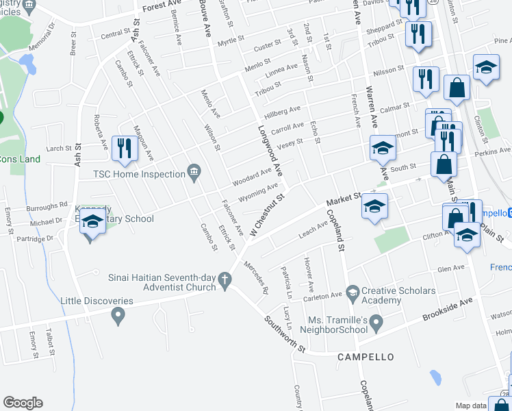 map of restaurants, bars, coffee shops, grocery stores, and more near 245 West Chestnut Street in Brockton